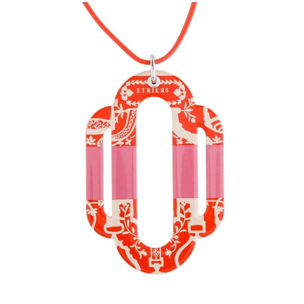 Enamel Hermes Attelage Etriers Tattoo Pendant on iconic Hermes orange chord.